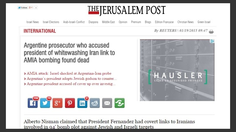Jerusalem Post: “Fiscal argentino que acusó a presidenta de tapar la conexión de Irán con el bombardeo a la Amia fue hallado muerto”. 