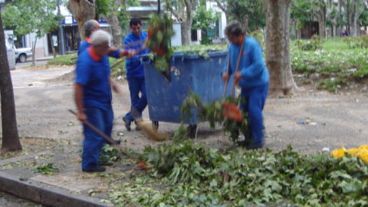 Juntar hojas y ramas, una de las tareas del viernes en plaza San Martín.