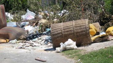 Un sillón roto, un canasto de mimbre y restos de alimentos se mexclan en el basurero