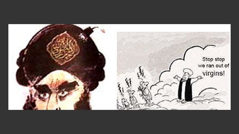 Mahoma con una bomba en el turbante. Y en otra diciendo: 