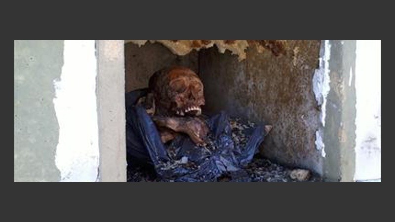 El esqueleto quedó expuesto por la rotura de la lápida del nicho.