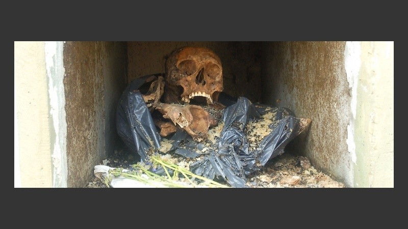   El esqueleto quedó expuesto por la rotura de la lápida del nicho. 