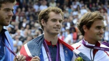 Del Potro con su medalla de bronce junto a Murray y Federer.