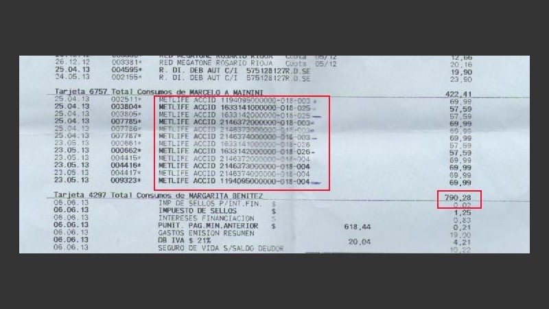El detalle de los cobros del seguro no pedido por 790 pesos en mayo pasado.