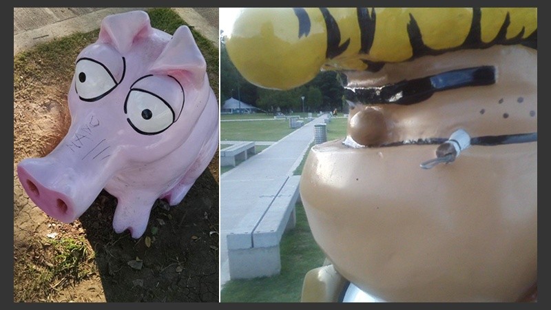 El cerdo Nabucodonosor pintado y Boogie sin parte de su cigarrillo.