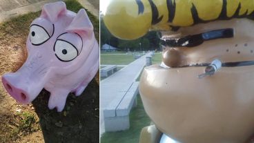 El cerdo Nabucodonosor pintado y Boogie sin parte de su cigarrillo.