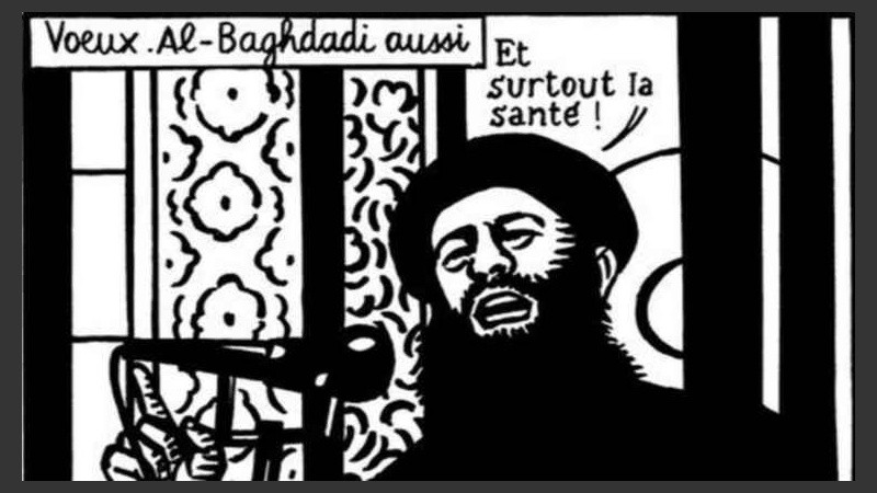 El último tuit de la revista. una caricatura de Abu Bakr al-Baghdad: 
