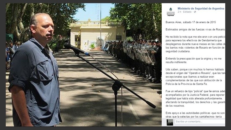 La carta de Berni publicada en el Facebook del Ministerio de Seguridad.