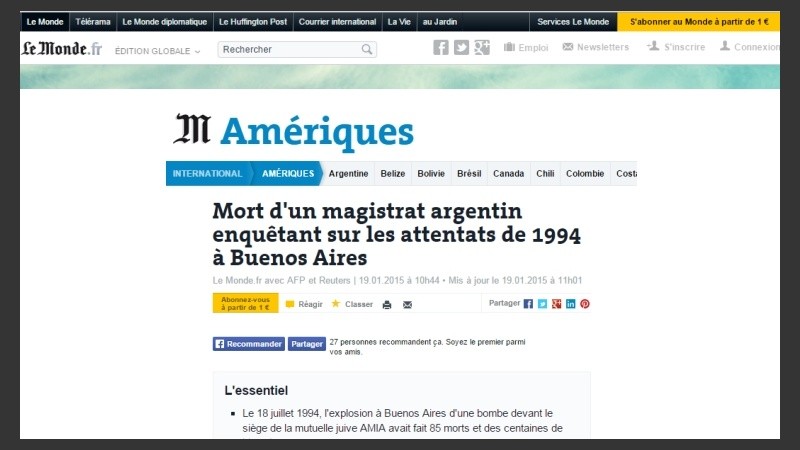 Le Monde:  “Muerte de un magistrado argentino que investigaba los atentados de 1994 en Buenos Aires”.
