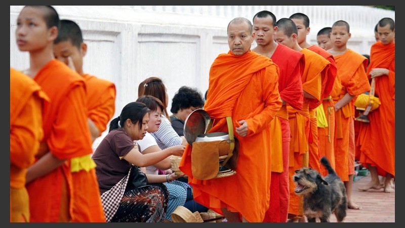 Turistas y residentes de la localidad de Luang Prabang dan alimentos como ofrendas.