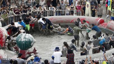Vista general de la piscina con barro. (EFE)