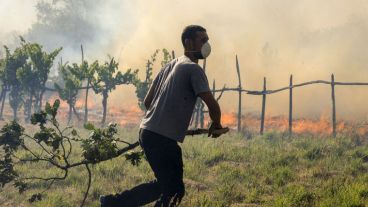 Un joven se dirige rápidamente con una rama a combatir el incendio que se ha desatado en los alrededores de su hogar. (EFE)
