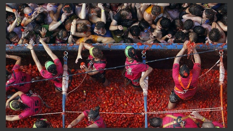 En poco más de una hora, una avalancha de más de 150.000 kilos de tomates se esparcieron entre los 22 mil participantes. (EFE)