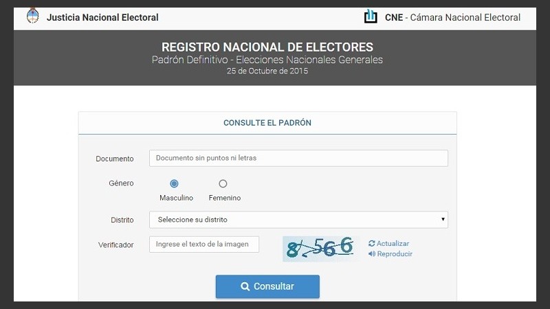 El sitio padron.gov.ar, con la información para estas elecciones presidenciales.