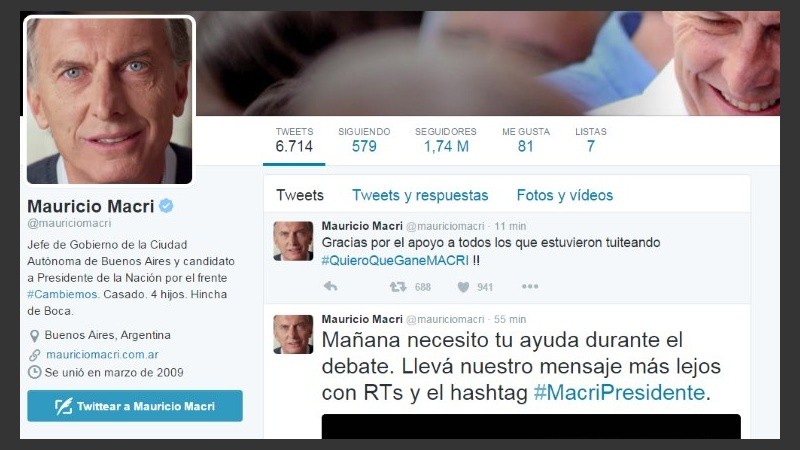 El perfil de Twitter de Macri, desde donde agradeció a sus seguidores.