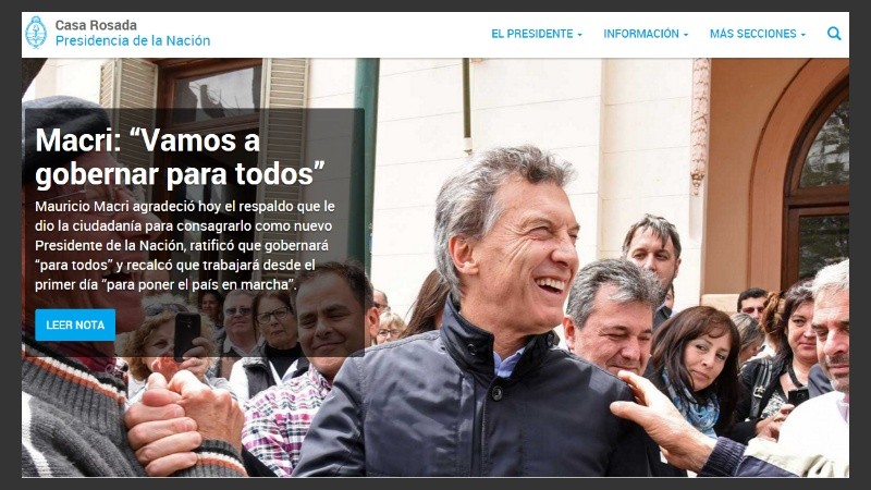 Macri, en la portada de la página web.
