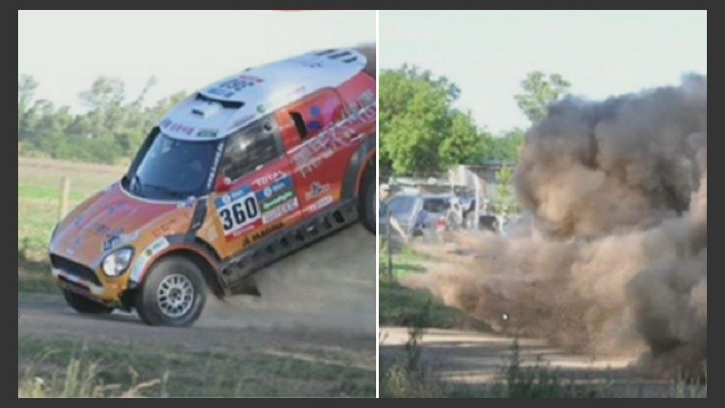 El Mini Cooper saltó, cayó mal y salió disparado hacia el costado.