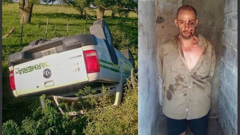 La camioneta volcada y Martín Lanatta con sus heridas tras la fuga.