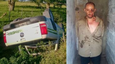 La camioneta volcada y Martín Lanatta con sus heridas tras la fuga.