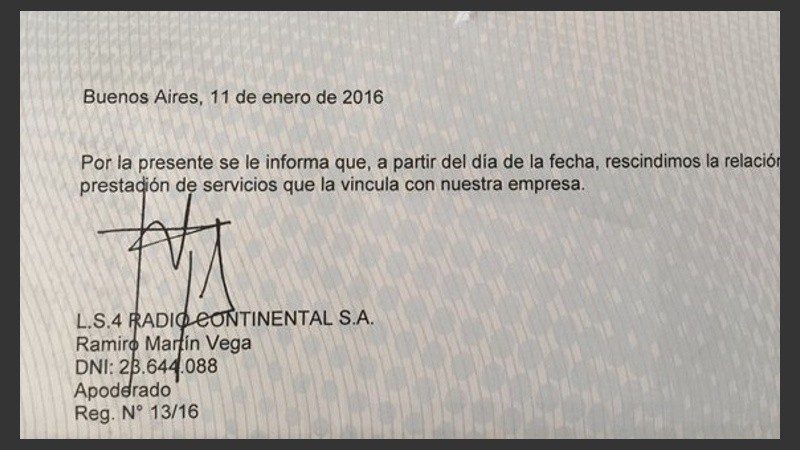 La carta de despido que recibió Cinthia García.
