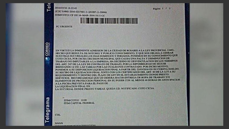 Facsímil de uno de los telegramas.