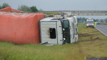 El camión volcado en la banquina de la autopista. (Alan Monzón/Rosario3.com)