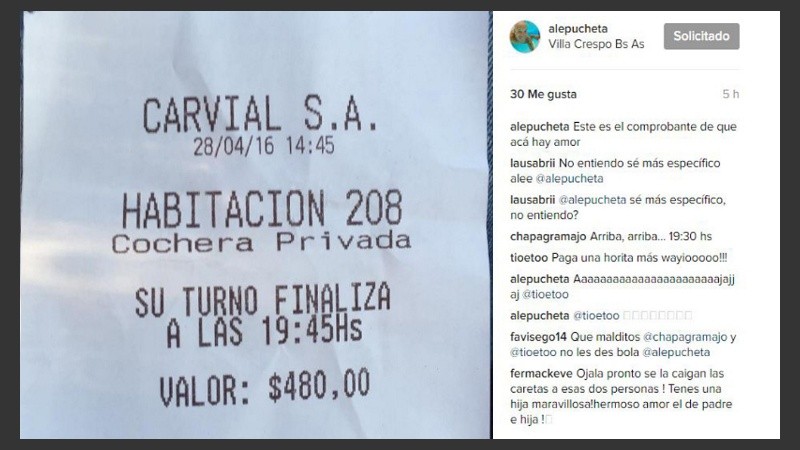 El recibo que publicó Pucheta en su Instagram. 