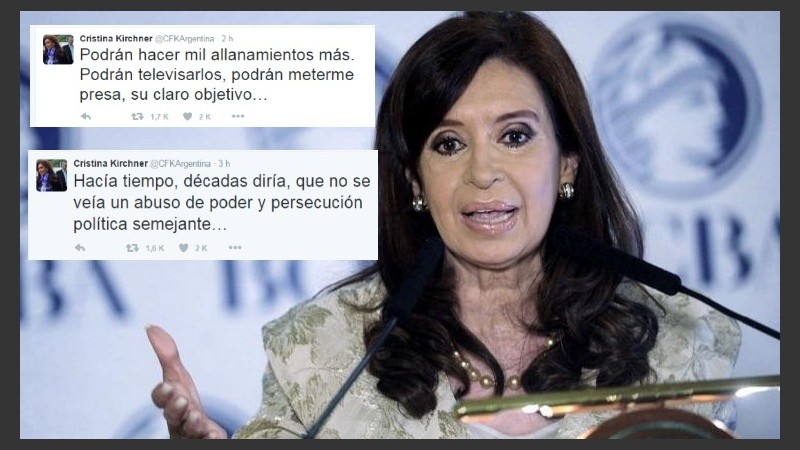 La ex presidenta se descargó en Twitter luego de los allanamientos. 