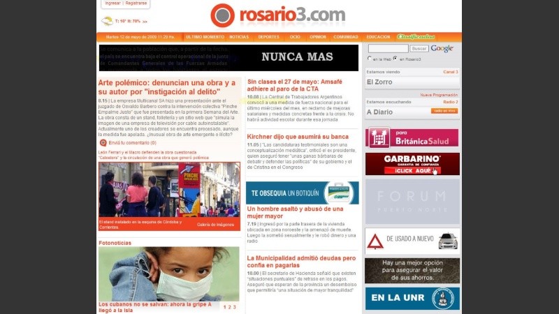 La vieja home de Rosario3.com, con más texto, en 2009.