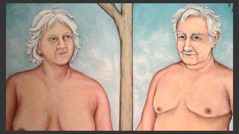 La polémica obra, con la pareja como Adán y Eva.