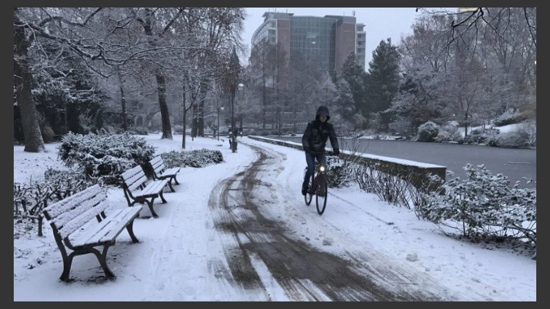 Un ciclista circula por un parque cubierto de nieve en Frakfurt, Alemania)