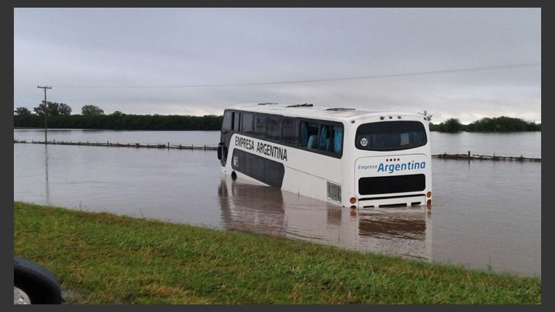 Uno de los micros que tuvo que ser asistido por los bomberos a la vera de la autopista.