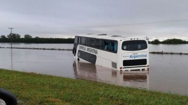 Uno de los micros que tuvo que ser asistido por los bomberos a la vera de la autopista.