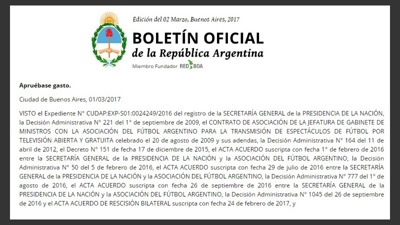El anuncio del Gobierno en el Boletín Oficial.
