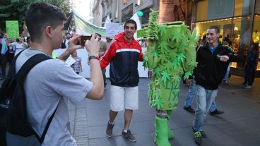 El "hombre planta". Un clásico en las marchas por la despenalización de la marihuana. (Alan Monzón/Rosario3.com)