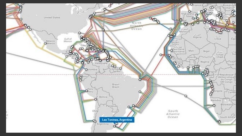 El mapa con los cables que entran y salen de la Argentina.