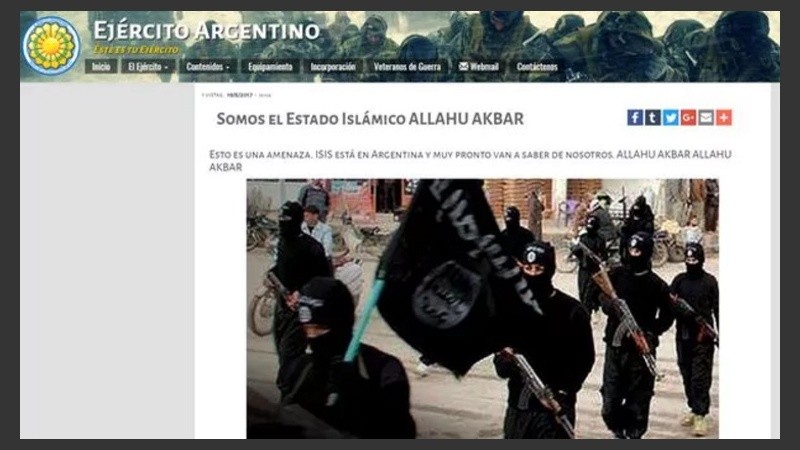 La foto publicada en el sitio web del Ejército con supuestas amenazas del Isis.