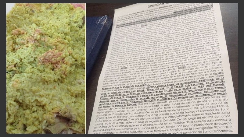 El arroz con pollo contaminado y el texto de la denuncia. 