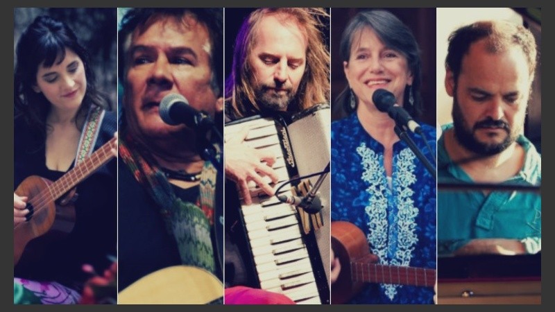 Georgina Hassan, Víctor Heredia, Chango Spasiuk, Cecilia Todd y Carlos Aguirre.