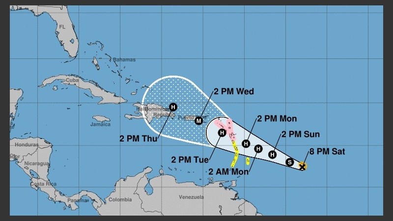 El mapa del avance de María que difundió el Centro Nacional de Huracanes.