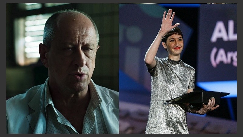 Una imagen de Araóz en el film y Gala al recibir el premio.