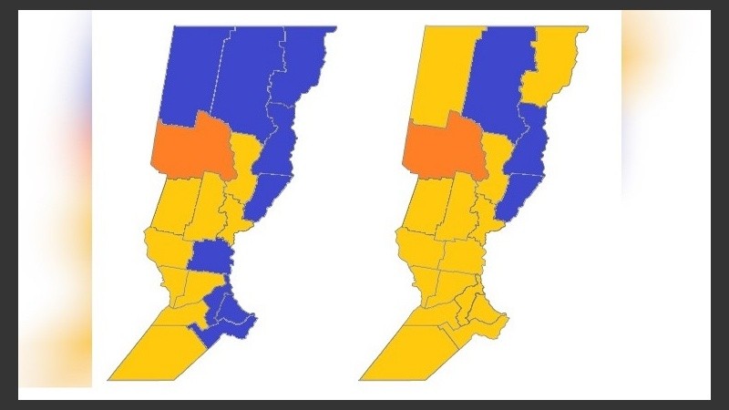 El reparto de fuerzas en agosto (mapa izquierda) y octubre (mapa derecha), en Santa Fe. 