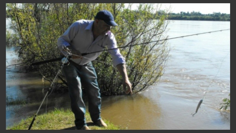 Entre la caña y un gancho, Marcelo rescató el botín del agua.