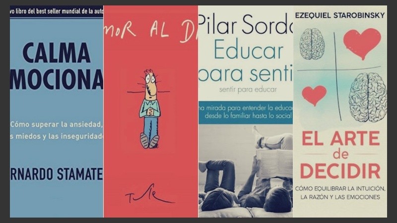 Las portadas de los libros de Bernado Stamateas, Tute, Pilar Sordo y Ezequiel Starobinsky.