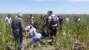 Policías y médicos asistieron al hombre tras el hecho en un campo.