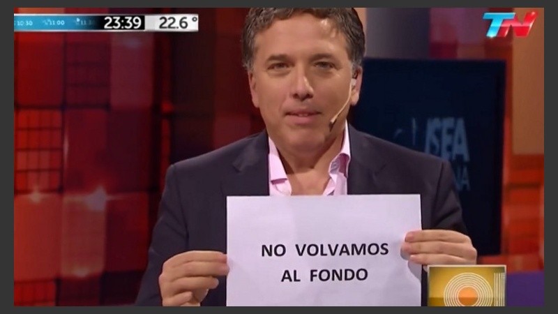 El cartel que Dujovne exhibía en televisión, cuando negaba que el gobierno nacional volvería al FMI.