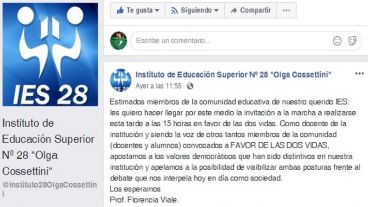 La convocatoria a la Marcha por las dos vidas, en el Facebook del Instituto.