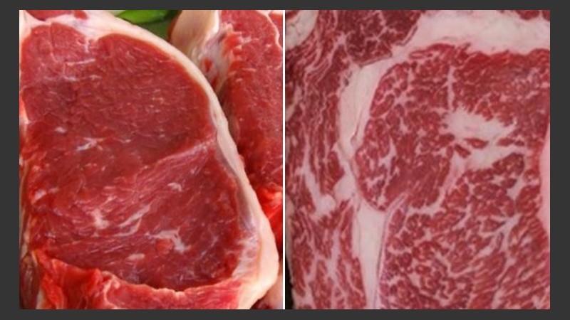A la izquierda, el bife de chorizo argentino que exportamos a Japón. A la derecha, el bife de wagyu que importamos desde ese país. 