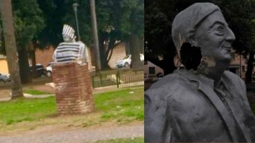 El busto de Kirchner "intervenido" este sábado y vandalizado hace un mes.