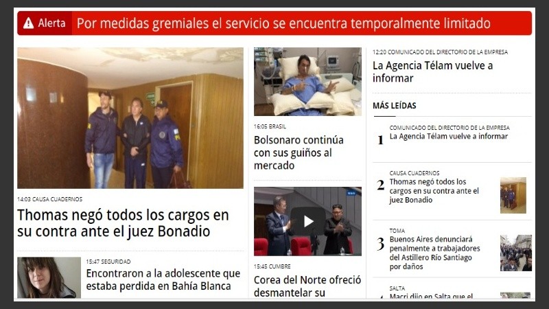 El portal de Télam con los contenidos publicados este miércoles y la advertencia del gremio.